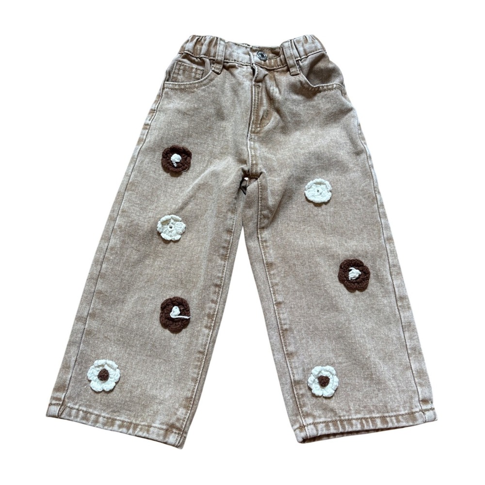 SHEIN Jeans Kids Tan Excellent Crochet Flower Wide Leg Denim SIZE 4Y